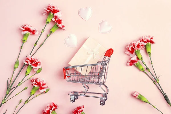 Shopping vagn med presentask, älska hjärtan och nejlikor blo — Stockfoto