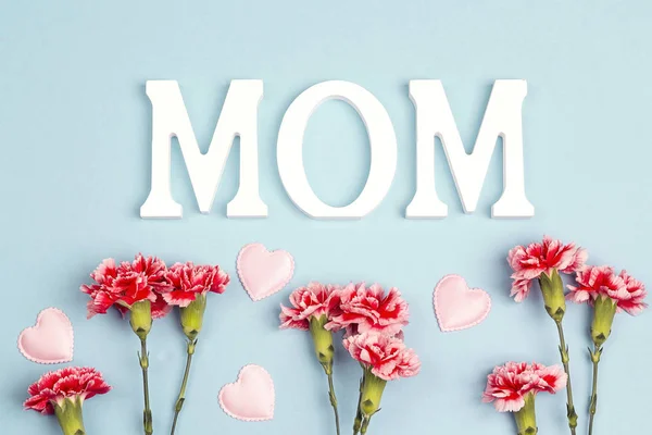 Mother's Day background with carnation flowers on blue. — Stock Photo, Image