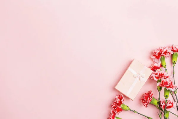 Ρομαντικό υπόβαθρο με λουλούδια γαρύφαλλα και δώρου για ροζ — Φωτογραφία Αρχείου