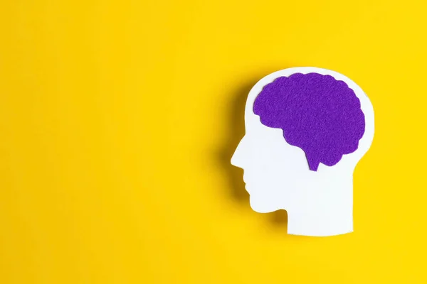Силуэт головы с фиолетовым мозгом на желтом фоне . — стоковое фото