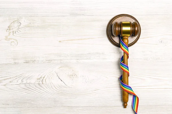 Judge Wooden Mallet Lgbt Rainbow Colours Ribbon Lgbt Rights Law — Stock Photo, Image