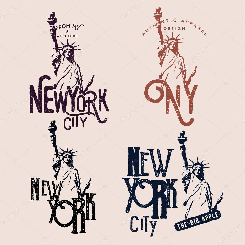 New York themed badges, t-shirt prints / apparel designs. Labels with Statue of Liberty.