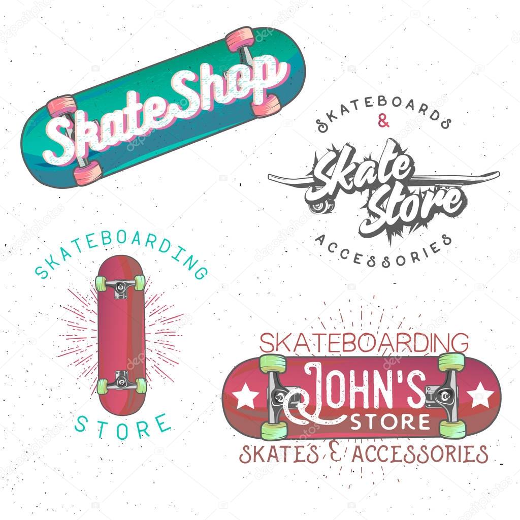 Skateboarding themed vintage logos, badges, labels, design elements.