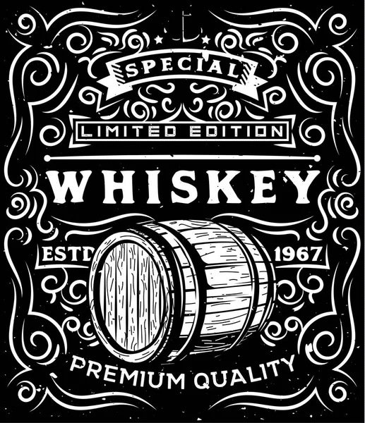 Etiqueta de whisky dibujada a mano con barril de madera y elementos caligráficos florales — Vector de stock