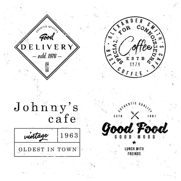 Insignias retro vintage en el tema de la comida y la cafetería — Vector de stock