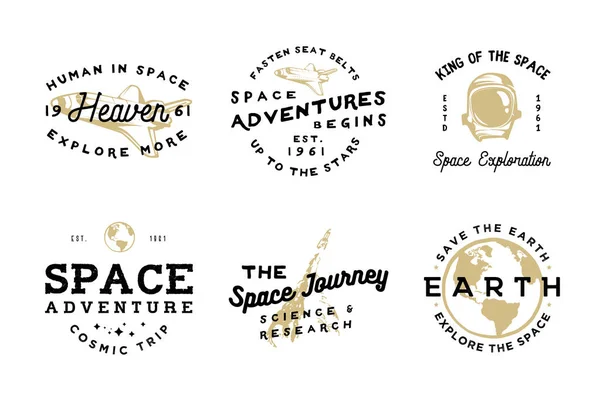 Logotypes d'espace dans un style vintage avec des objets — Image vectorielle