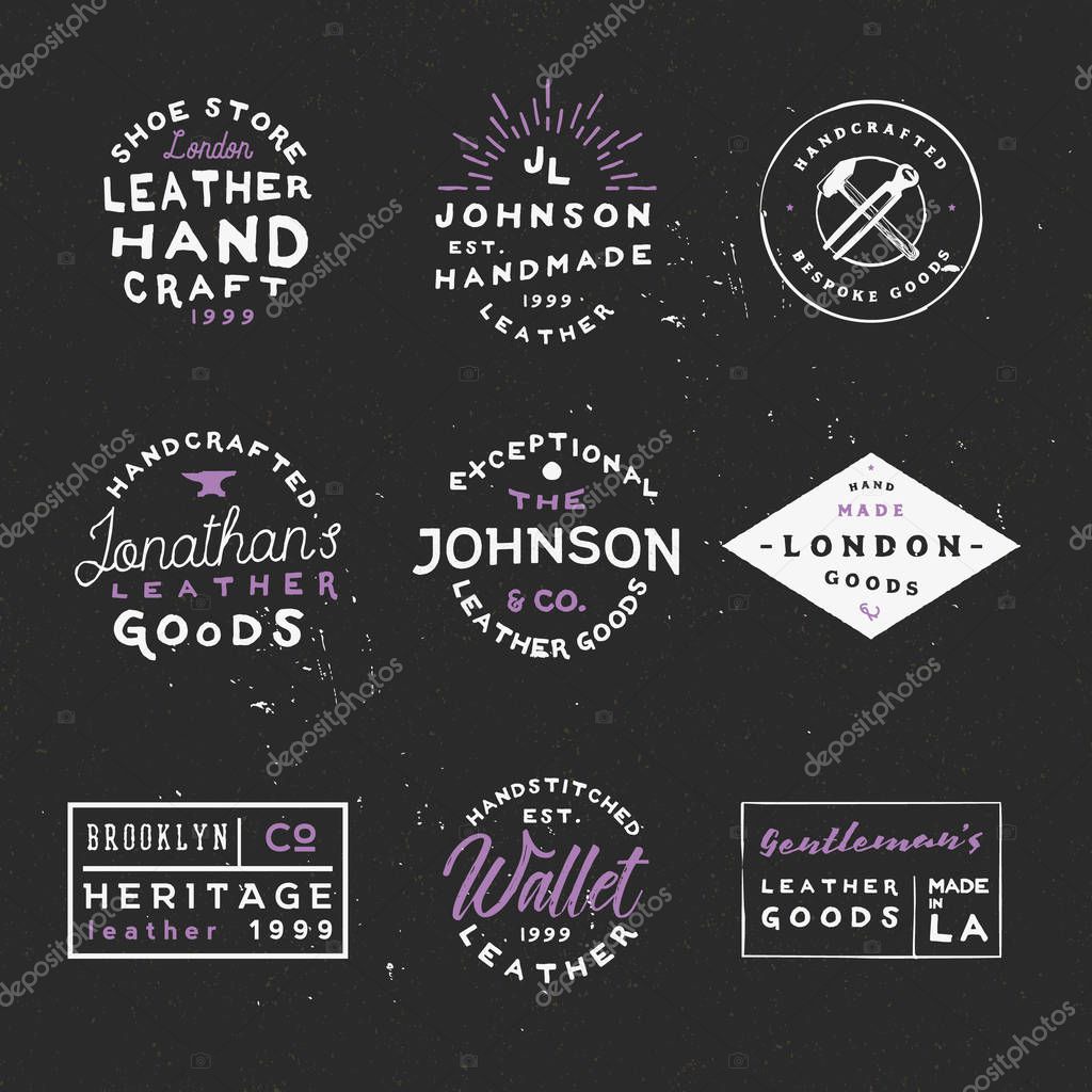 Leather goods vintage labels. Handcrafted leather goods badges. Handmade logos. Good for branding company, flyers, posters, ads and other.