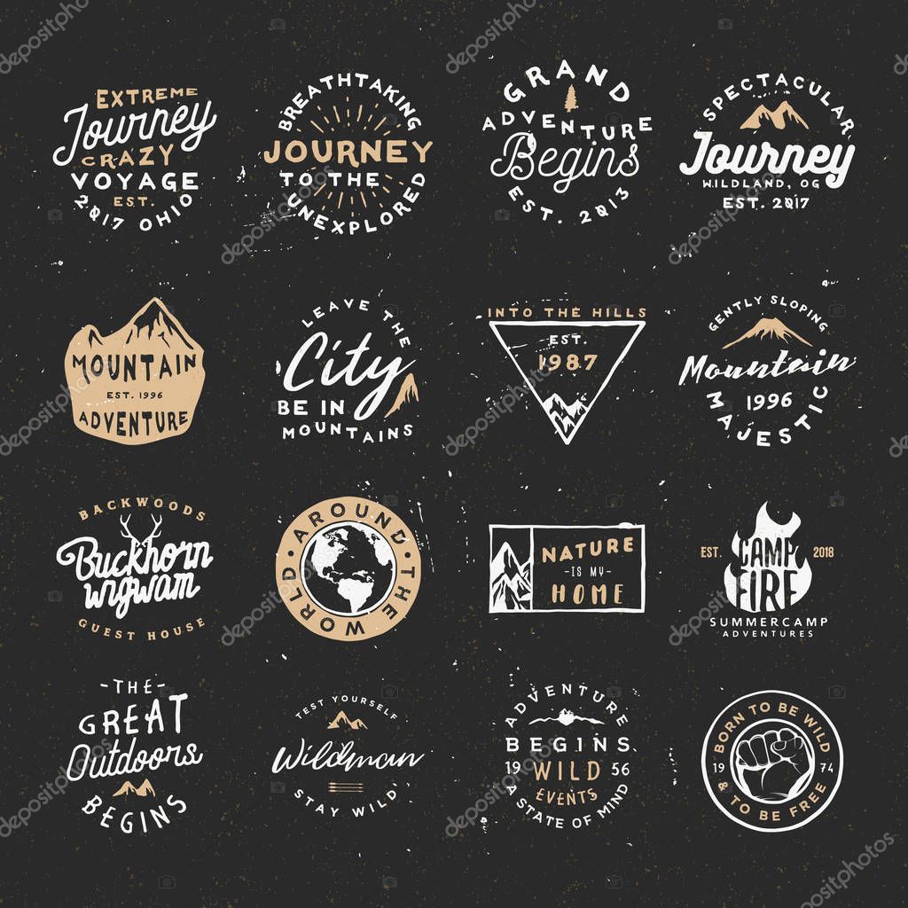 Outdoor retro logos bundle. Vector adventure logos pack with rough and distressed effect. Labels for branding projects, events, cards and other.