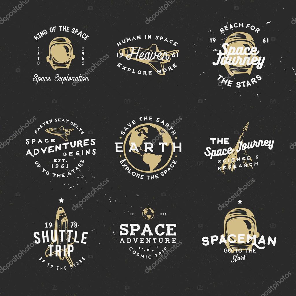 Retro badges on cosmic theme with space objects: ship, spacesuit, Earth, flying rocket. Good for thematic events, cards, ads or other uses.
