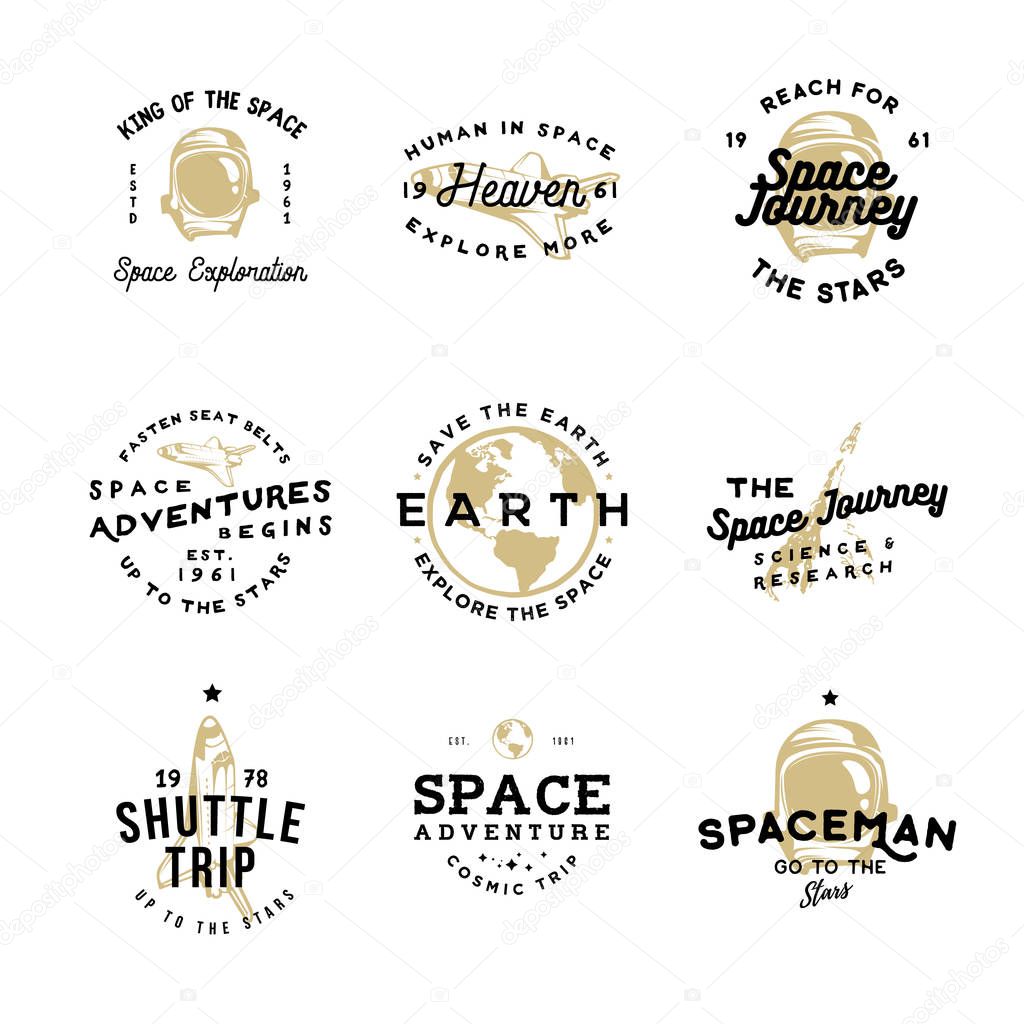 Retro badges on cosmic theme with space objects: ship, spacesuit, Earth, flying rocket. Good for thematic events, cards, ads or other uses.