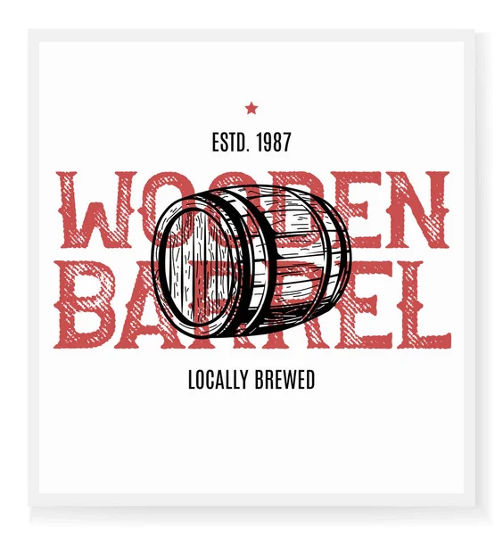 Barril de madera en medio de la etiqueta de la cerveza — Vector de stock