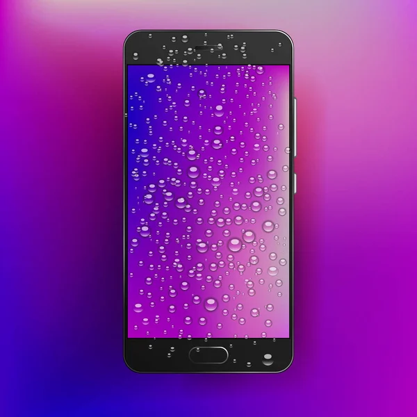 Vector smart phone with waterdrops on blank screen with colorful wallpaper. — Stock Vector