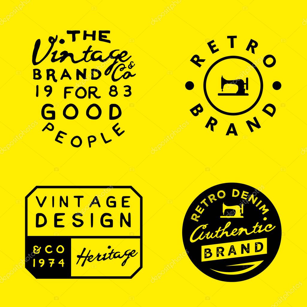 Vintage logo templates on yellow background. Vintage denim, clothing, apparel designs. Wear labels.