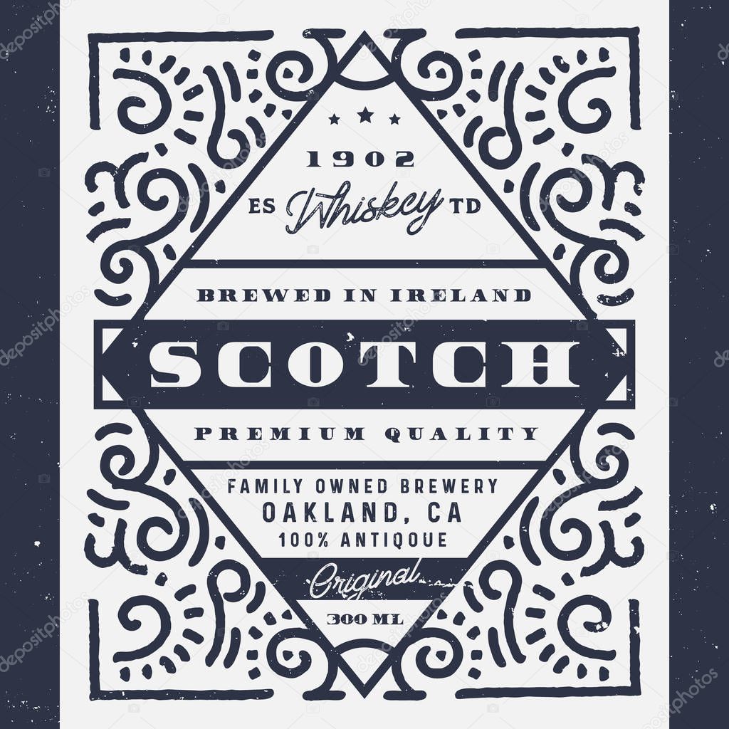 Old whiskey label, scotch label. Vintage design of alcohol label