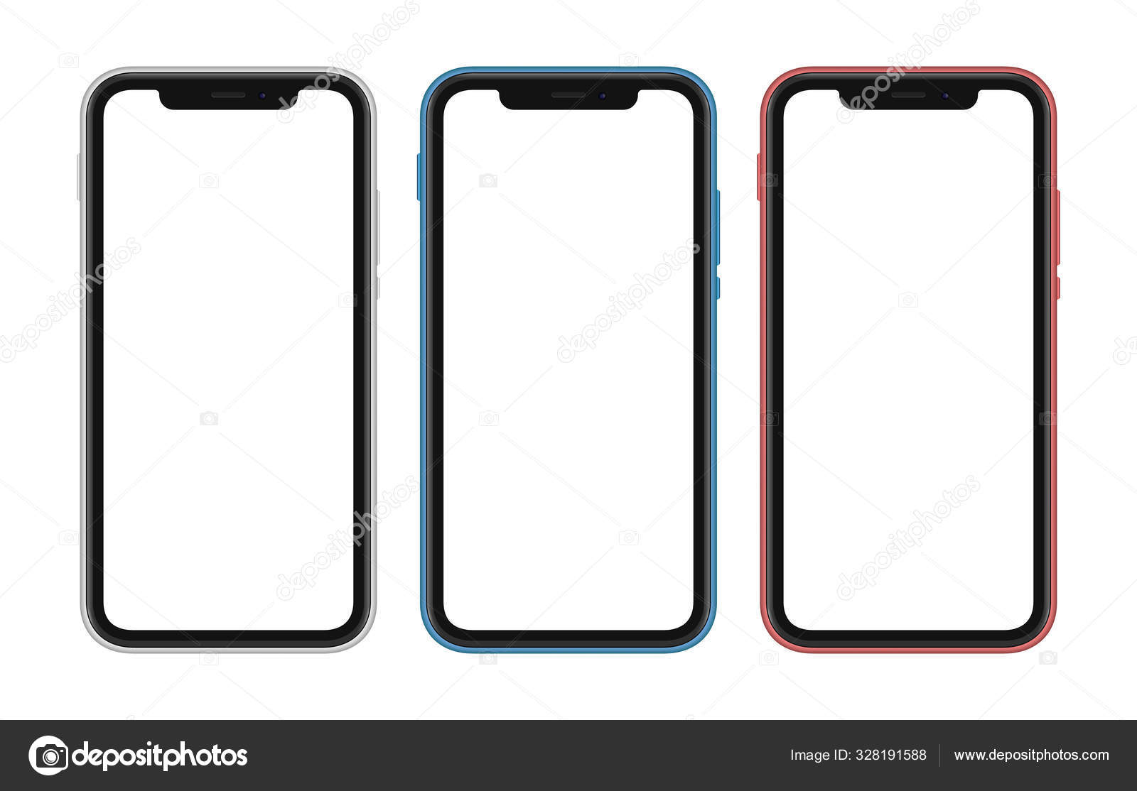 Conjunto de tres teléfonos inteligentes de diferentes colores con pantallas  blancas en blanco. teléfonos celulares aislados con pantalla para su  contenido . Vector de stock #328191588 de ©seveniwe, image size:1600x1114