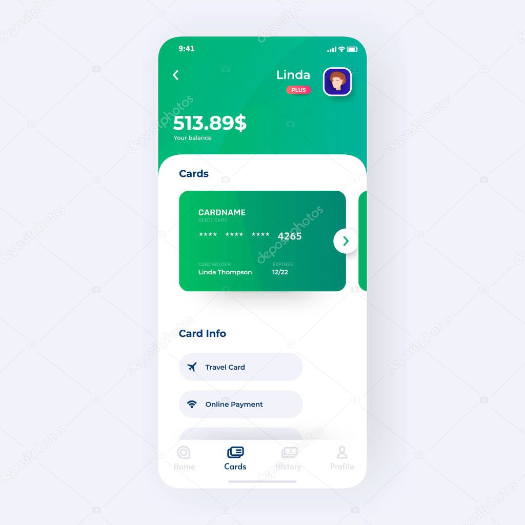 Banking app UI kit prototype. UI design of mobile finance application.