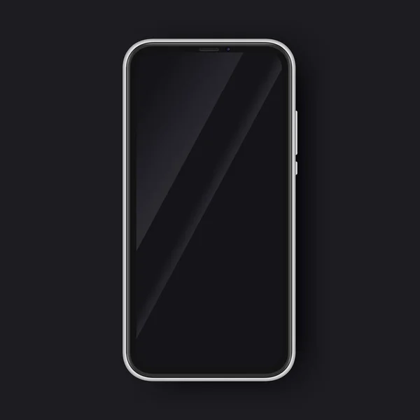 Smartphone enmarcado blanco sobre fondo oscuro con pantalla brillante negra . — Archivo Imágenes Vectoriales