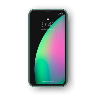 Çerçevesiz akıllı telefon, zaman olarak arayüz elemanlarını ekrana kilitle. Gerçekçi yüksek detaylı yeşil çerçevesiz telefon