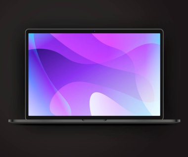 Karanlık tarzda gerçekçi ve detaylı bir laptop. Koyu arkaplanda renkli ekranlı dizüstü bilgisayar