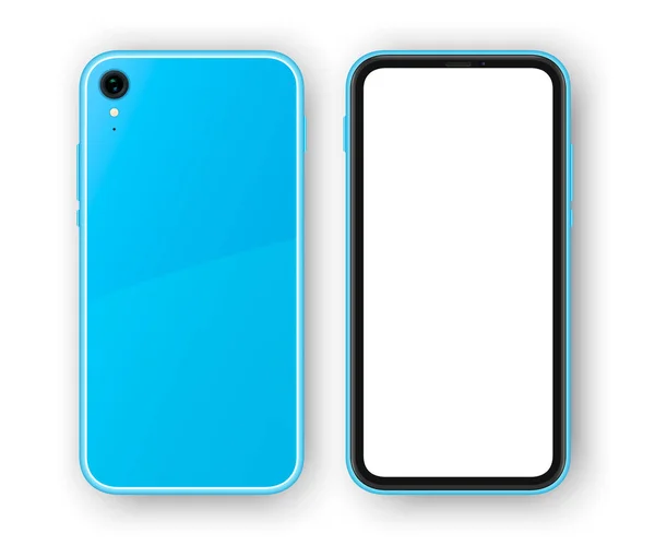Blauwe smartphone zonder frame, achter- en vooraanzicht. Hoge gedetailleerde realistische telefoon — Stockvector