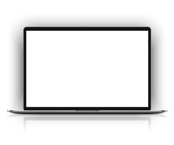 超薄打开笔记本电脑与白色屏幕为您的内容。 有阴影和反思的高度详细的说明 — 图库矢量图片