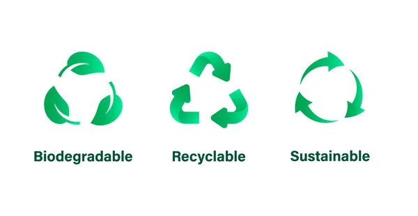 Biodegradowalne, nadające się do recyklingu i zrównoważone znaki, symbole. Odpady, ikona śmieci. Zmniejszenie, ponowne wykorzystanie, recykling odpadów. — Wektor stockowy