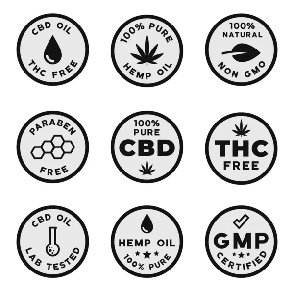 Cbd temalı logolar seti: Gmo free Gmp sertifikalı Cbd petrol logoları, Thc ücretsiz, paraben ve pestisit serbest