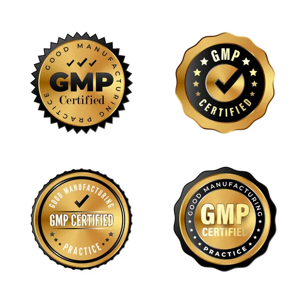 Gmp Certified luxury gold badges Промислові наклейки для преміум-продуктів з Good Manufacturing Practice tag — стоковий вектор