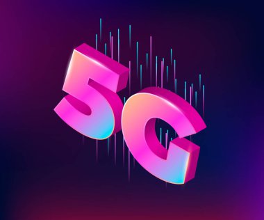 5G 'nin 3D harfleri. Arka tarafta doğrusal hız şekilleri var. Harflerin rengarenk renkleri.