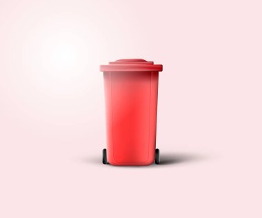 Kırmızı arka planda izole edilmiş kırmızı çöp konteynırı. Tekerlekleri ve kapağı olan 3D gerçekçi çöp tankı.