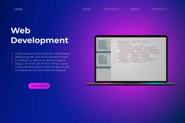 Web geliştirme temalı web sayfası şablonu. Yazılım ve mobil uygulamanın geliştirilmesi. Dizüstü bilgisayarda program kodu