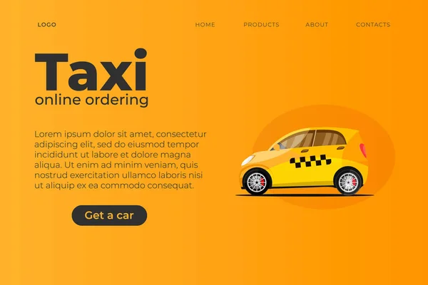 Webbplats taxi tema sida mall med liten bil med taxi rutnät symboler. Realistisk liten taxi stad bil — Stock vektor