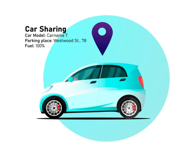 Car renting design template. Car sharing ilustration. Smart city car with geo tag illustration, city eco car side view with location mark — Stock Vector