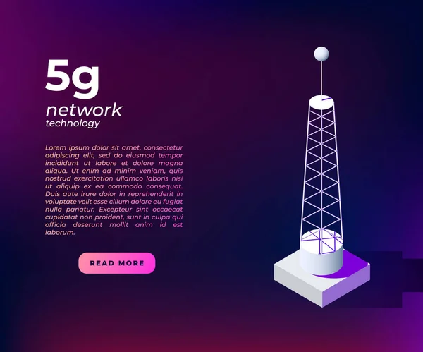 Conceito de cartaz de tecnologia de rede 5g com torre de comunicação isométrica. Conceito de conexão de rede sem fio 5g de landing page —  Vetores de Stock