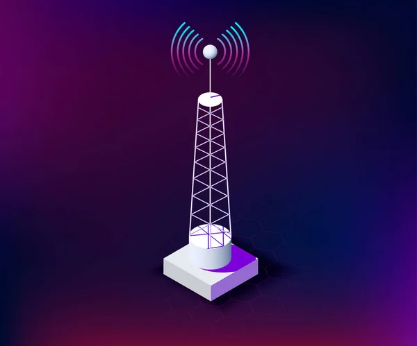 Bağlantı dalgaları ve karanlık arka planı olan izometrik telekomünikasyon kulesi. ağ teknolojileri için iletişim kulesi