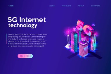 5g internet teknolojisi modern neon stili illüstrasyon, 5g ağ bağlantısı pankartı olan gece şehri