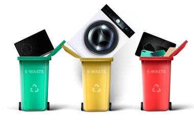 Waste sorting illustration concept. E-waste garbage containers with different broken thrown out electronic devices clipart