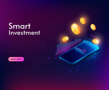 İzometrik gerçekçi, yüksek detaylı telefon ve üç boyutlu bozuk paralarla Akıllı Yatırım illüstrasyon kavramı. Neon parıltısı, modern illüstrasyon tarzı.