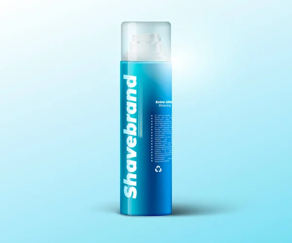 Realistické 3d holení pěna láhev izolované na světle modrém pozadí. Průhledné víko — Stockový vektor