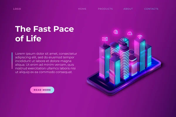 The fast pace of lifestyle. Inspirational and thoght-provoking banner with neon night city illustration. — 스톡 벡터