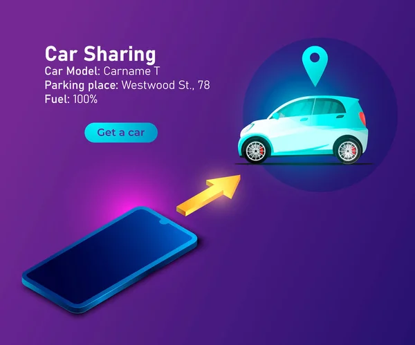 Autodeelservice. Automatisering draadloze online auto sharing service beheerd door smartphone app. — Stockvector