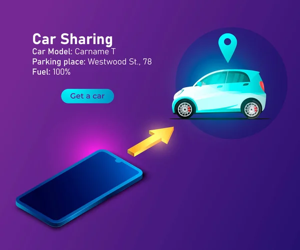 車の共有サービス。スマートフォンアプリが管理する自動無線オンラインカーシェアリングサービス. — ストックベクタ