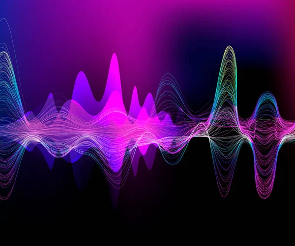 Pink colored abstract music background with differently audio waves as filled wave shapes and lined voice waveform — 스톡 벡터