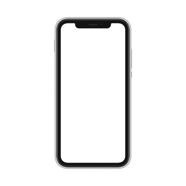 Çerçevesiz akıllı telefon, beyaz arka planda izole edilmiş bir şekilde taklit edilir. Selfie kamera ve sensörler için kaş şeklinde hücre şekli