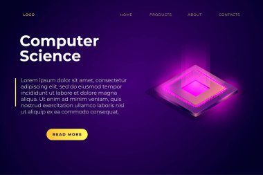 Bilgisayar bilimi web sayfası şablonu, pankart konsept tasarımı. Cpu çipi ile indirme sayfası, neon pembe efektli izometrik mikroişlemci.