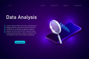 Veri analizi isometrik illsutration konsepti, vektör web sitesi iniş sayfası şablonu.