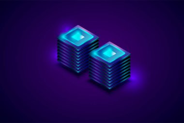 Veri merkezi dijital 3d blokları resimleme. Vektör sunucu odası rafı, veri merkezi konsepti.