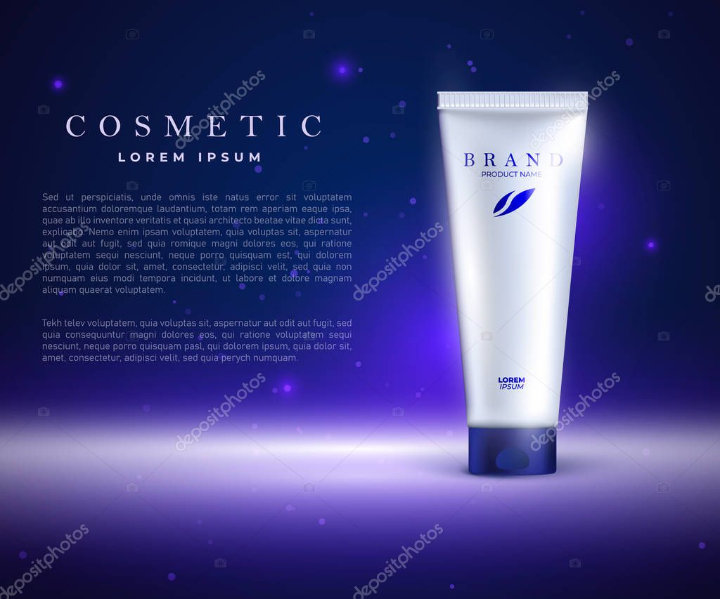 Cosmetic ads template, white moisturizer cosmetic tube with place for brand name, logo and other texts. Packaging design of cosmetic tube. Advertising poster, vector