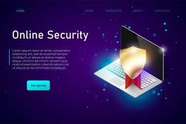 Çevrimiçi güvenlik web pankartı şablonu, iniş sayfası konsepti. Güvenlik kalkanı bilgisayarı hacker saldırısından korur.