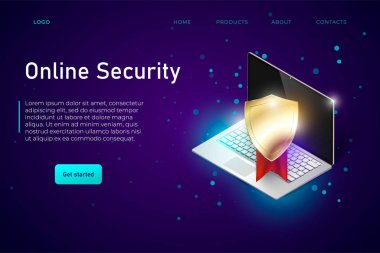 Çevrimiçi güvenlik web pankartı şablonu, iniş sayfası konsepti. Güvenlik kalkanı bilgisayarı hacker saldırısından korur.